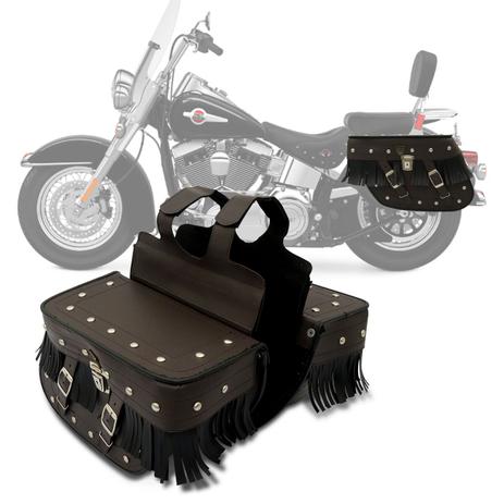 Bolsa Alforje Par Lateral para Motos Custom Universal 32 Litros Couro Preto com Cravos e Franjas - J.a Menor preço em Bolsa Alforje Par Lateral para Motos Custom Universal 32 Litros Couro Preto com Cravos e Franjas - J.a