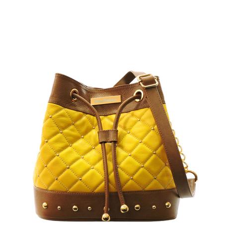 Bolsa Feminina Modelo Saco Alça Corrente Couro Legítimo Amarelo/Marrom - Maria verônica Menor preço em Bolsa Feminina Modelo Saco Alça Corrente Couro Legítimo Amarelo/Marrom - Maria verônica