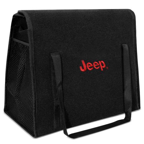 Bolsa Organizadora Porta Malas Universal Preto Logo Jeep Bordado em Carpete - R-acoustic Menor preço em Bolsa Organizadora Porta Malas Universal Preto Logo Jeep Bordado em Carpete - R-acoustic