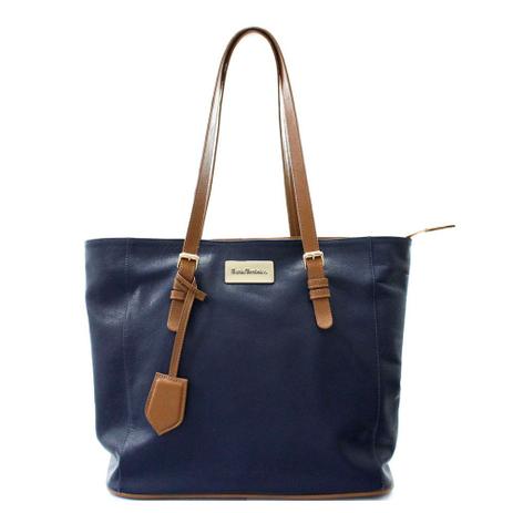 Bolsa Shopping Feminina Maria Verônica Couro Marinho com Marrom com Chaveiro Menor preço em Bolsa Shopping Feminina Maria Verônica Couro Marinho com Marrom com Chaveiro