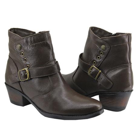 Bota Botina Casual Cano Médio Feminina Texas Khaata Café Couro Menor preço em Bota Botina Casual Cano Médio Feminina Texas Khaata Café Couro