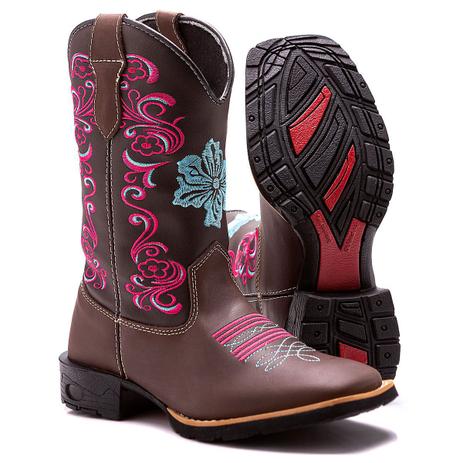 Bota Botina Montaria Texana Country Feminina Couro Florzinha Azul e Rosa - Soft Gel Menor preço em Bota Botina Montaria Texana Country Feminina Couro Florzinha Azul e Rosa - Soft Gel