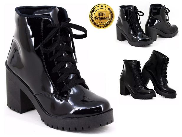 Bota Feminina Coturno Cano Curto Verniz Preto Salto Grosso Tratorada -  Número 33 ao 43 - BRENDA M - Coturno Feminino - Magazine Luiza