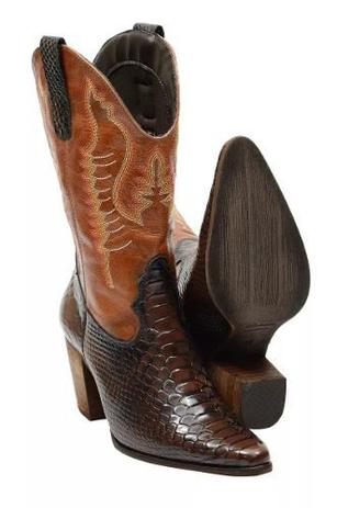 Bota Feminina Country Texana Couro Anaconda Porcelanato Café - Campero Menor preço em Bota Feminina Country Texana Couro Anaconda Porcelanato Café - Campero