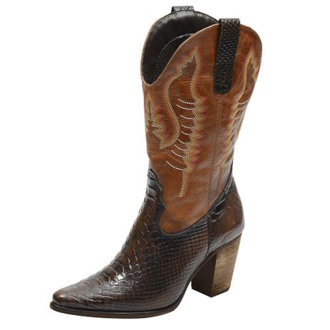 Bota Texana feminina bico fino cano e salto alto couro estampa cobra marrom e liso caramelo Pierrô - Bota Feminina - Magazine Luiza