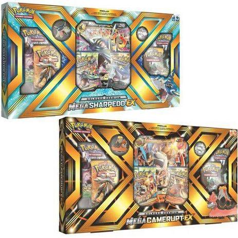 Box Pokémon Mega Camerupt EX + Box Pokémon Mega Sharpedo EX (inclui Carta Gigante Broche e moeda) - Copag - Pokemon tcg Menor preço em Box Pokémon Mega Camerupt EX + Box Pokémon Mega Sharpedo EX (inclui Carta Gigante Broche e moeda) - Copag - Pokemon tcg