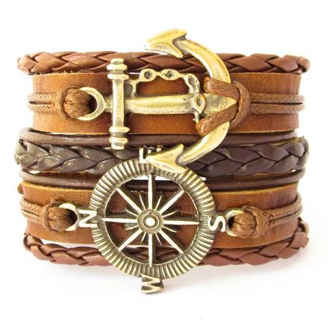 Bracelete Couro Âncora e Rosa dos Ventos Marrom - Youser acessórios Menor preço em Bracelete Couro Âncora e Rosa dos Ventos Marrom - Youser acessórios