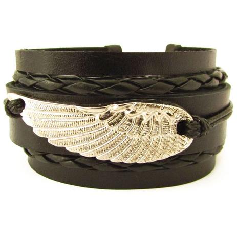 Bracelete Couro Preto Asa de Anjo - Youser acessórios Menor preço em Bracelete Couro Preto Asa de Anjo - Youser acessórios