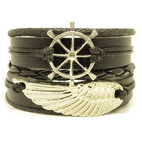 Bracelete Couro Preto - Timão e Asa - Youser acessórios Menor preço em Bracelete Couro Preto - Timão e Asa - Youser acessórios