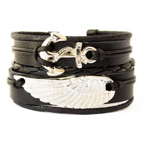 Bracelete de Couro Âncora e Asa Preto - Youser acessórios Menor preço em Bracelete de Couro Âncora e Asa Preto - Youser acessórios