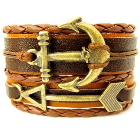 Bracelete de Couro Marrom Âncora e Flecha - Youser acessórios Menor preço em Bracelete de Couro Marrom Âncora e Flecha - Youser acessórios