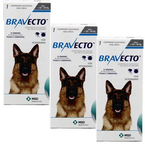 Bravecto Cães 20 a 40kg KIT 3 unid Antipulgas e Carrapatos MSD Menor preço em Bravecto Cães 20 a 40kg KIT 3 unid Antipulgas e Carrapatos MSD