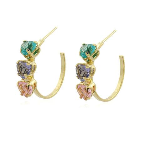 Brinco de argola coração com pedras coloridas rosa roxa verde folheado a ouro - Luxx semijoias Menor preço em Brinco de argola coração com pedras coloridas rosa roxa verde folheado a ouro - Luxx semijoias