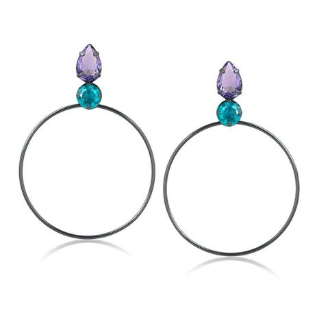 Brinco de argola frontal com gota roxa e pedra verde folheado em ródio negro - 2180000001794 - Francisca joias contemporâneas Menor preço em Brinco de argola frontal com gota roxa e pedra verde folheado em ródio negro - 2180000001794 - Francisca joias contemporâneas