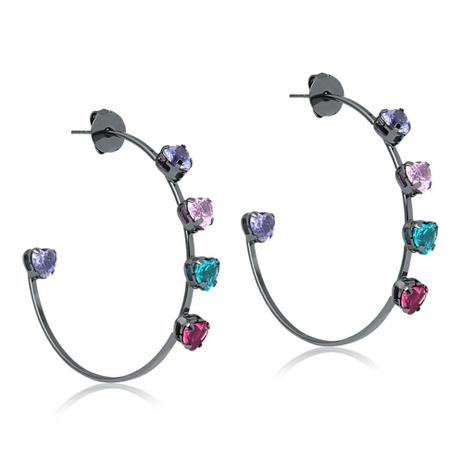 Brinco de argola média com coração roxo, rosa claro, verde e rosa escuro folheado em ródio negro - 2180000001795 - Francisca joias contemporâneas Menor preço em Brinco de argola média com coração roxo, rosa claro, verde e rosa escuro folheado em ródio negro - 2180000001795 - Francisca joias contemporâneas