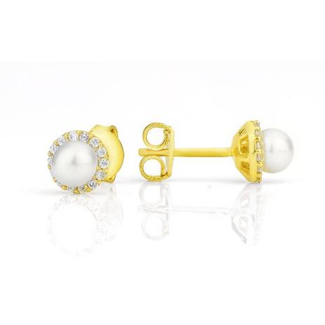 Brinco de Ouro 18k Pérola com Zircônias Redondo Médio br20144 - Joiasgold Menor preço em Brinco de Ouro 18k Pérola com Zircônias Redondo Médio br20144 - Joiasgold