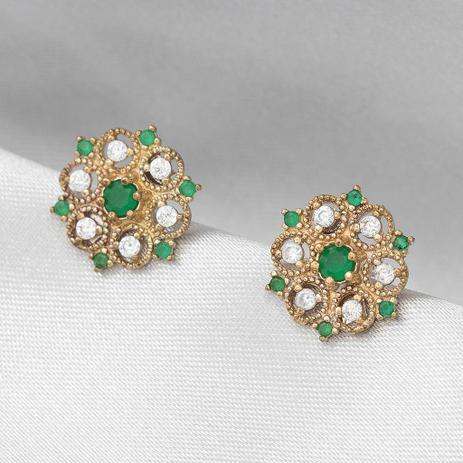 Brinco de Prata Joia Turca Top Vazado com Zircônia Esmeralda e Zircônia Cristal - Prata fina Menor preço em Brinco de Prata Joia Turca Top Vazado com Zircônia Esmeralda e Zircônia Cristal - Prata fina