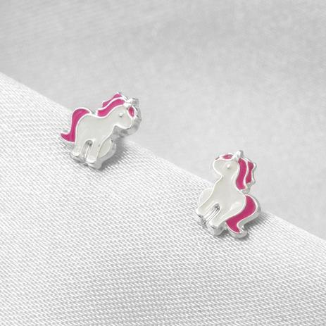 Brinco de Prata Leve Infantil Unicórnio Esmaltado Rosa e Branco - Prata fina Menor preço em Brinco de Prata Leve Infantil Unicórnio Esmaltado Rosa e Branco - Prata fina