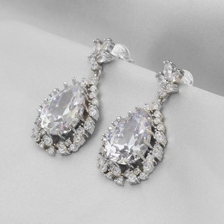 Brinco de Ródio Festa Balanço Gota com Zircônia Cristal - Prata fina Menor preço em Brinco de Ródio Festa Balanço Gota com Zircônia Cristal - Prata fina