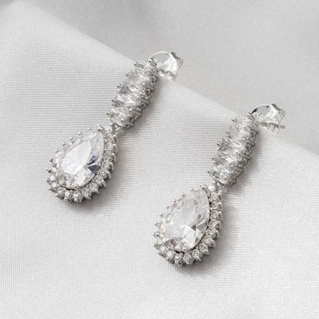 Brinco de Ródio Festa Balanço Gota com Zircônia Cristal Retangular - Prata fina Menor preço em Brinco de Ródio Festa Balanço Gota com Zircônia Cristal Retangular - Prata fina