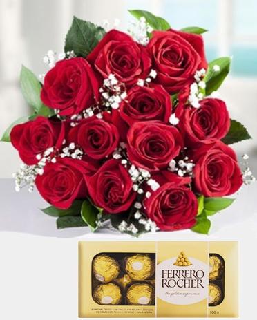 Buquê 12 Rosas Vermelhas e Ferrero Rocher 100g - Palomaflores.com.br Menor preço em Buquê 12 Rosas Vermelhas e Ferrero Rocher 100g - Palomaflores.com.br