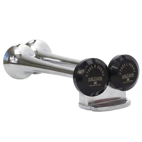 Buzina Vetor Eletropneumática 2 Cornetas Cromada Universal 12V - VT053 - Vto Menor preço em Buzina Vetor Eletropneumática 2 Cornetas Cromada Universal 12V - VT053 - Vto