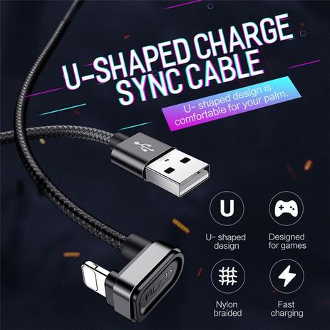 Cabo Carregador Lightning Turbo U-shape Rock 2m P/ iPhone - Preto Menor preço em Cabo Carregador Lightning Turbo U-shape Rock 2m P/ iPhone - Preto