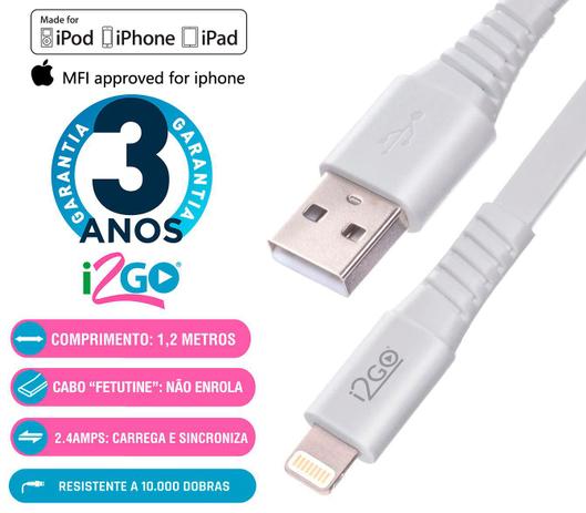 Cabo Dados iPhone Lightning Chip Original Apple Certificado MFI 1,2 Metros Branco i2GO Menor preço em Cabo Dados iPhone Lightning Chip Original Apple Certificado MFI 1,2 Metros Branco i2GO