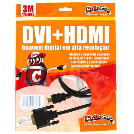 Cabo DVI para HDMI, 3 metros - Cirilo Cabos Menor preço em Cabo DVI para HDMI, 3 metros - Cirilo Cabos