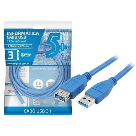 Cabo Extensor USB 3.1 A Macho + A Fêmea 3 Metros - 018-7723 - ChipSCE - Chip sce Menor preço em Cabo Extensor USB 3.1 A Macho + A Fêmea 3 Metros - 018-7723 - ChipSCE - Chip sce