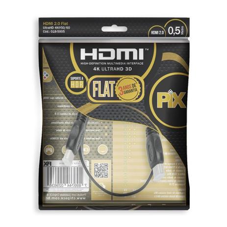 Cabo HDMI 0,5m PIX FLAT 2.0 19 Pinos 4K Polybag 018-5005 Menor preço em Cabo HDMI 0,5m PIX FLAT 2.0 19 Pinos 4K Polybag 018-5005