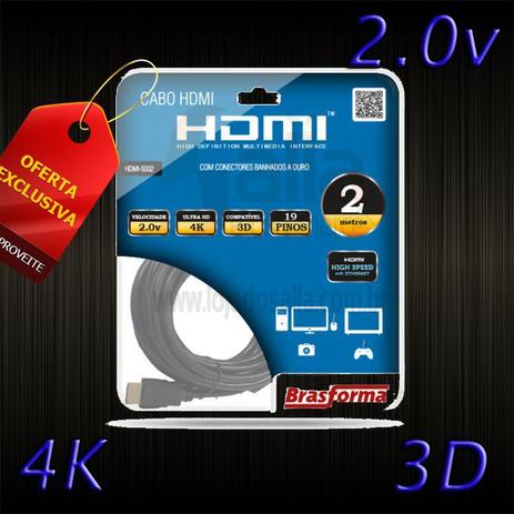 Cabo HDMI 2.0 4k 1080p com 2 Metros Brasforma Ultra Hd 3D Ready Menor preço em Cabo HDMI 2.0 4k 1080p com 2 Metros Brasforma Ultra Hd 3D Ready