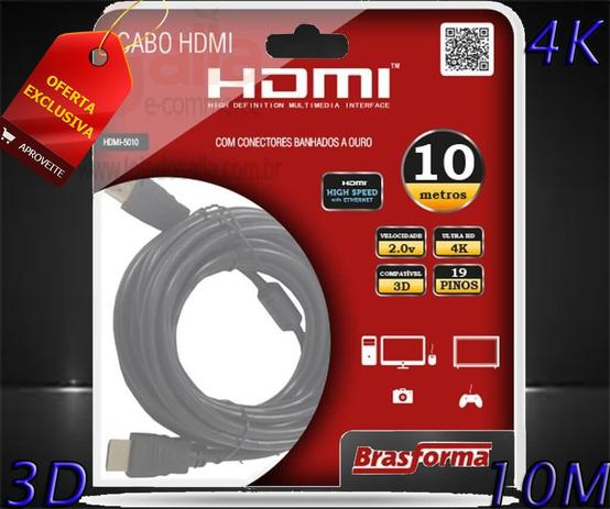 Cabo HDMI 2.0 4K UHD 1080p com 10 Metros 19 pinos c/Conector Banhado a Ouro Brasforma Menor preço em Cabo HDMI 2.0 4K UHD 1080p com 10 Metros 19 pinos c/Conector Banhado a Ouro Brasforma