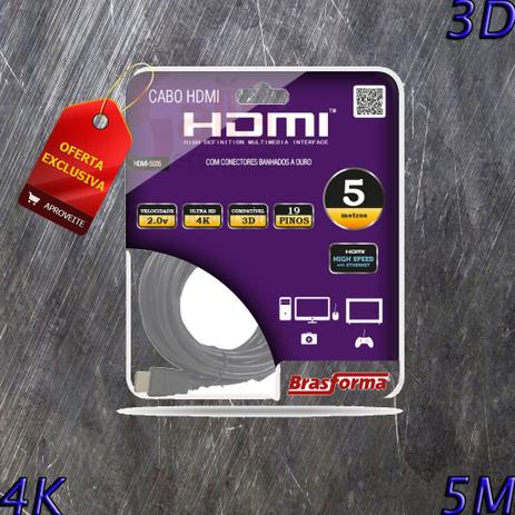 Cabo HDMI 2.0 4K UHD 1080p com 5 Metros 19 pinos c/Conector Banhado a Ouro Brasforma Menor preço em Cabo HDMI 2.0 4K UHD 1080p com 5 Metros 19 pinos c/Conector Banhado a Ouro Brasforma