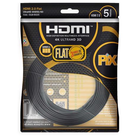 Cabo HDMI 5 Metros PIX 5m 2.0 4K FLAT 19 Pinos Polybag 018-5025 Menor preço em Cabo HDMI 5 Metros PIX 5m 2.0 4K FLAT 19 Pinos Polybag 018-5025