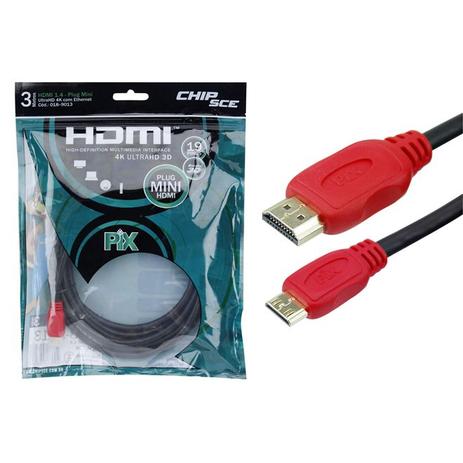 Cabo HDMI para Mini HDMI 1.4 3 Metros 19 Pinos 4K UltraHD 3D - Chip sce Menor preço em Cabo HDMI para Mini HDMI 1.4 3 Metros 19 Pinos 4K UltraHD 3D - Chip sce