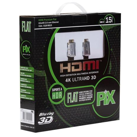 Cabo HDMI PIX Flat 2.0 19 Pinos 4K 15 Metros 018-9815 - Chipsce Menor preço em Cabo HDMI PIX Flat 2.0 19 Pinos 4K 15 Metros 018-9815 - Chipsce