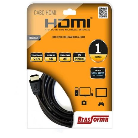 Cabo Hdmi versão 2.0 ultra hd 4K de 1 Metro Tv 3d Gold - Brasforma Menor preço em Cabo Hdmi versão 2.0 ultra hd 4K de 1 Metro Tv 3d Gold - Brasforma