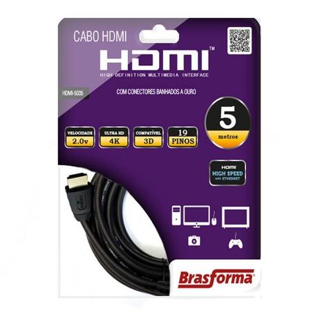 Cabo Hdmi versão 2.0 ultra hd 4K de 5 Metros Tv 3d Gold - Brasforma Menor preço em Cabo Hdmi versão 2.0 ultra hd 4K de 5 Metros Tv 3d Gold - Brasforma