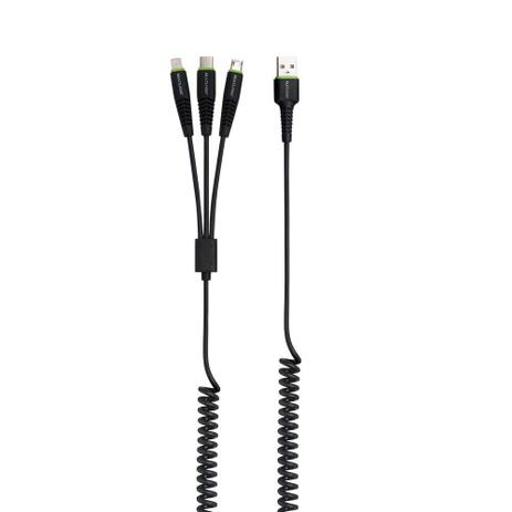 Cabo para Smartphone Espiral 3 em 1 Type C + IPhone + Micro USB 2A 2,0M Preto Multilaser - WI383 Menor preço em Cabo para Smartphone Espiral 3 em 1 Type C + IPhone + Micro USB 2A 2,0M Preto Multilaser - WI383