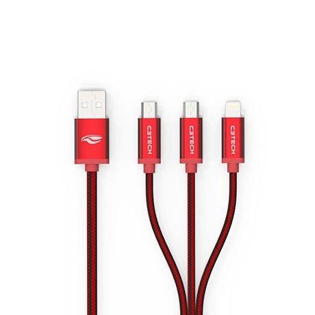 Cabo USB 3x1: 2 Micro USB + 1 Lightning 1,2m C3TECH CB-300RD Menor preço em Cabo USB 3x1: 2 Micro USB + 1 Lightning 1,2m C3TECH CB-300RD