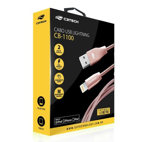 Cabo USB para Iphone Lightning Homologado Revestido Metal CB-1100PK C3tech Menor preço em Cabo USB para Iphone Lightning Homologado Revestido Metal CB-1100PK C3tech
