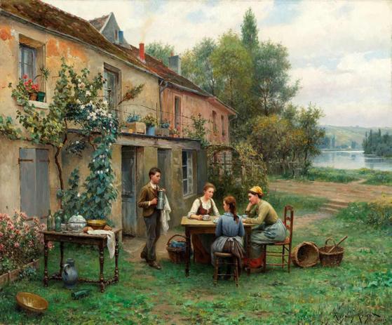 Café no Jardim - Daniel Ridgway Knight - Tela 50x60 Para Quadro - Santhatela Menor preço em Café no Jardim - Daniel Ridgway Knight - Tela 50x60 Para Quadro - Santhatela