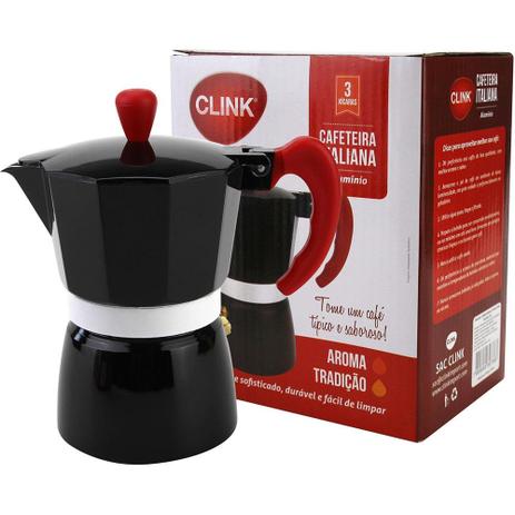 Cafeteira Italiana Aluminio Preta 3 Xícaras Cafés 150 Ml - CLINK Menor preço em Cafeteira Italiana Aluminio Preta 3 Xícaras Cafés 150 Ml - CLINK