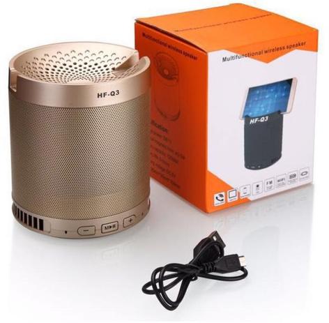 Caixa de som bluetooth com suporte para celular 5w - HF-Q3 Dourado - Inova Menor preço em Caixa de som bluetooth com suporte para celular 5w - HF-Q3 Dourado - Inova
