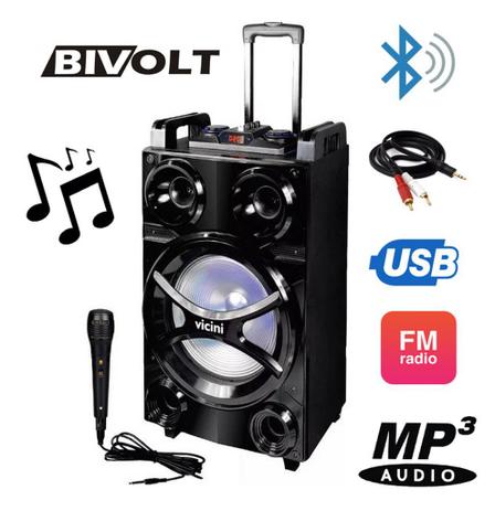 Caixa De Som Bluetooth Rodinhas Acústica 600w Vicini USB FM Auxiliar Cartão SD Microfone Alça VC-7600 Menor preço em Caixa De Som Bluetooth Rodinhas Acústica 600w Vicini USB FM Auxiliar Cartão SD Microfone Alça VC-7600