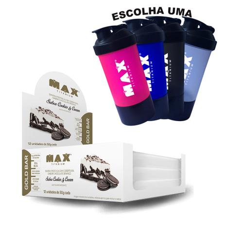 Caixa Gold Bar C/ 12un + Coqueteleira Dupla - Max Titanium Menor preço em Caixa Gold Bar C/ 12un + Coqueteleira Dupla - Max Titanium