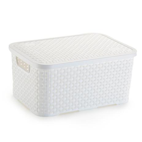 Caixa Organizadora de Plástico Rattan Médio com Tampa Branco - Nitron Menor preço em Caixa Organizadora de Plástico Rattan Médio com Tampa Branco - Nitron
