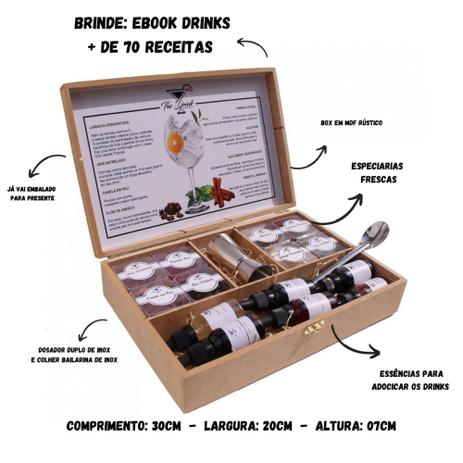 Caixa Rustica Box Gin + 8 Especiarias + 6 Xarope + Dosador + Colher - The Drink Premium Box Menor preço em Caixa Rustica Box Gin + 8 Especiarias + 6 Xarope + Dosador + Colher - The Drink Premium Box