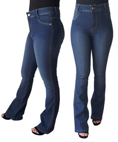 calça flare jeans azul escuro